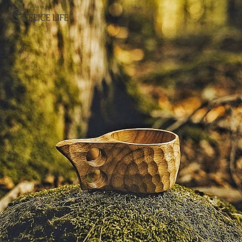 Finland Kuksa-taza de café portátil, Asa de madera de caucho, gancho de cuerda de cuero de vaca de dos agujeros, taza para beber café, té de la leche ► Foto 1/6