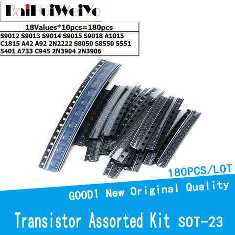 180 unids/lote Transistor Kit surtido SOT23 18 valores S9012 S9013 S9014 S9015 S9018 A1015 C1815 A42 A92 2N2222 S8050 S8550 5551, 5401 ► Foto 1/6