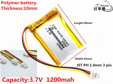 JST-batería de iones de litio para tableta pc, batería de energía de 1,0 V, 3,7 mAH, 1200 polímero, batería de iones de litio para banco, GPS,mp3,mp4, 3 pines, PH 103040mm ► Foto 1/4