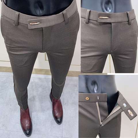 Pantalones ajustados a la moda para hombre, traje a rayas, elegantes, ajustados, hasta el tobillo, para oficina, fiesta, negocios, 2022 ► Foto 1/6