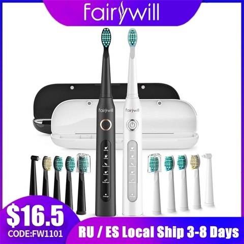 Fairywill-cepillos de dientes eléctricos para adultos y niños, 5 modos, temporizador inteligente, recargable, blanqueador, con 10 cabezales ► Foto 1/6