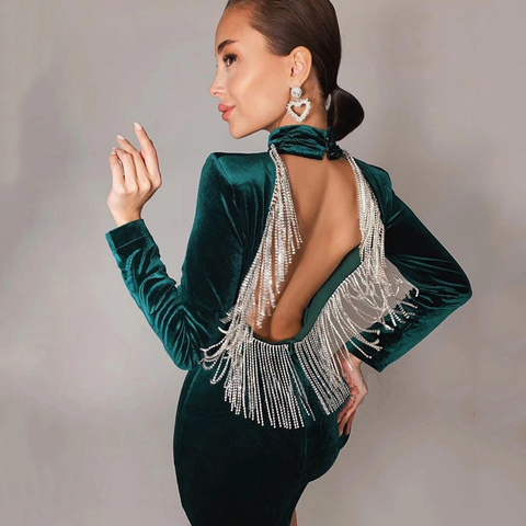 Vestido corto femenino de terciopelo con borla de diamantes para invierno, minivestido Sexy con escote y manga larga para mujer, con Espalda descubierta, para fiestas nocturnas, 2022 ► Foto 1/6