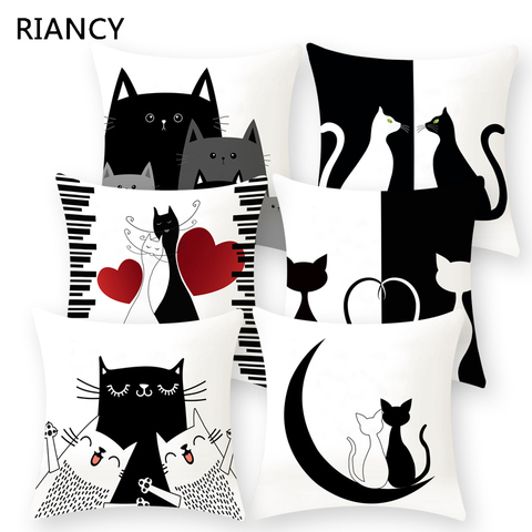 Cojín decorativo para sofá con diseño de gato blanco y negro, funda de almohada de poliéster con dibujos animados, para decoración del hogar, 40889 ► Foto 1/6