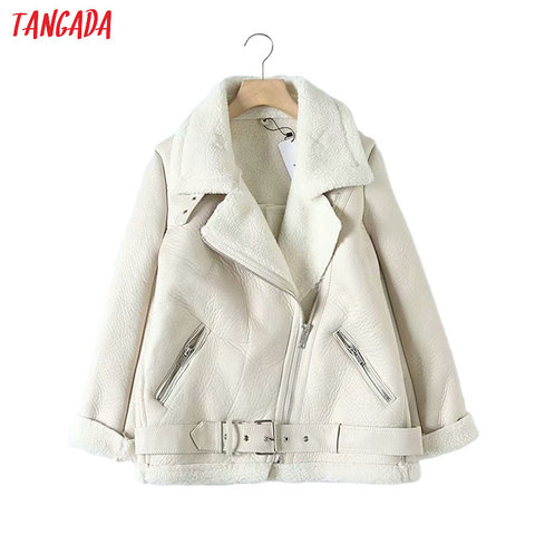 Tangada-Chaqueta de piel sintética con cinturón y cuello vuelto para mujer, abrigo grueso y cálido de gran tamaño, color beige, para invierno, 2022 ► Foto 1/5