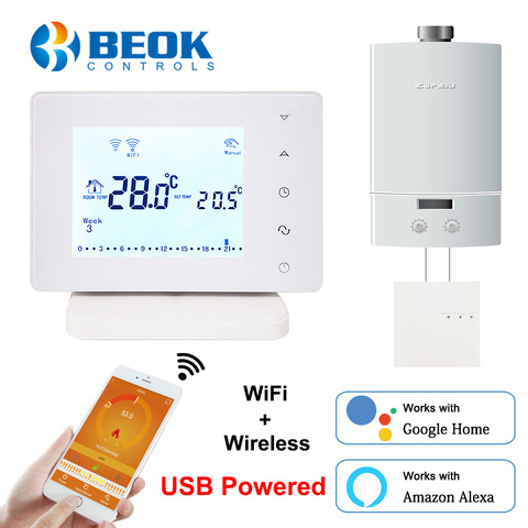 Beok-Controlador de temperatura inteligente, termostato con wifi inalámbrico alimentado por USB para caldera de gas que funciona con Alexa y Google Home ► Foto 1/6