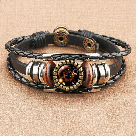 Pulsera de cuero trenzado con signo del zodiaco de 12 Constelaciones para hombre, brazalete con diseño de cáncer, Leo, Virgo, joya de cúpula de cristal Punk, color negro ► Foto 1/6