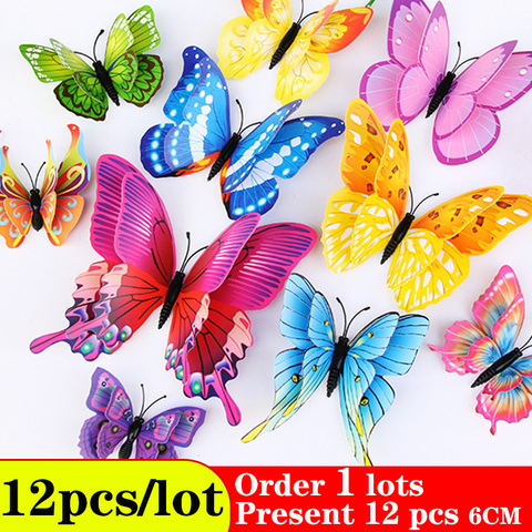 Mariposas de pared de Casa Multicolor doble capa 3D mariposa etiqueta engomada 12 unids/lote para en la decoración de la habitación ► Foto 1/6