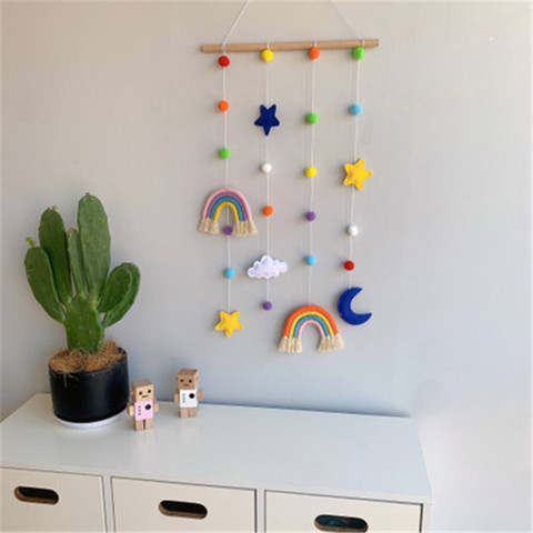 Colgante de pared de estilo nórdico hecho a mano con diseño de nubes, estrellas y luna, decoración de pared de habitación para niños, adorno colgante para foto de dormitorio para niñas ► Foto 1/5