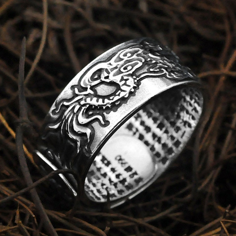 Conjunto de anillos de plata de ley 990 para hombre, Set de anillos de dragón de nubes de buena suerte, S990, juego de anillos de plata tibetana con escritura, anillo ajustable ► Foto 1/6
