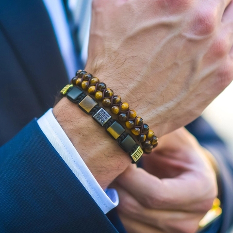 Conjunto de pulsera trenzada con Cuentas cuadradas de piedra natural para hombre, joyería de alta calidad, nueva moda ► Foto 1/6