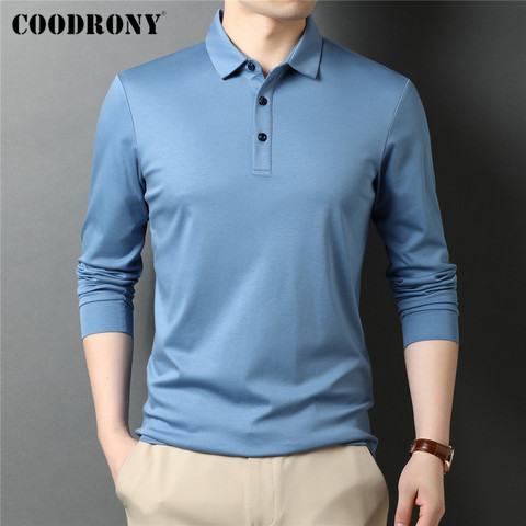 COODRONY-Polo de manga larga de algodón mercerizado para hombre, camisa clásica e informal de alta calidad, Color puro, 100%, C5069 ► Foto 1/6