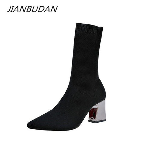 JIANBUDAN-Botas de tacón alto para mujer, Botines negros elásticos de punto, a la moda, para otoño e invierno, 34-43 ► Foto 1/6