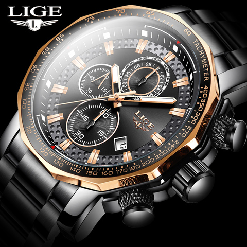 LIGE-relojes de acero inoxidable para hombre, resistente al agua, de cuarzo, cronógrafo de negocios, Masculino ► Foto 1/6