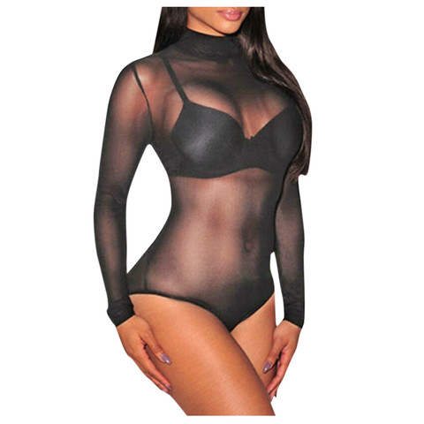 Bodi transparente de las mujeres de manga larga de cuello alto delgado apretado ropa interior Sexy Body de cuerpo entero de malla las mujeres ropa interior cuerpo Dentelle Femme ► Foto 1/6