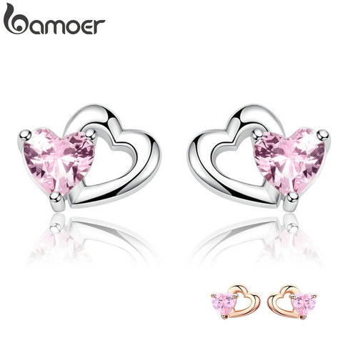 BAMOER 925 doble de plata esterlina corazón a corazón Rosa CZ Stud pendientes para las mujeres Brincos bien joyería Bijoux SCE090 ► Foto 1/6