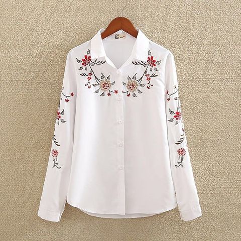 Ropa de talla grande para mujer, camisa blanca de manga larga, Vintage, bordado de flores, blusa con botón señora, Tops informales 4XL 5XL ► Foto 1/5