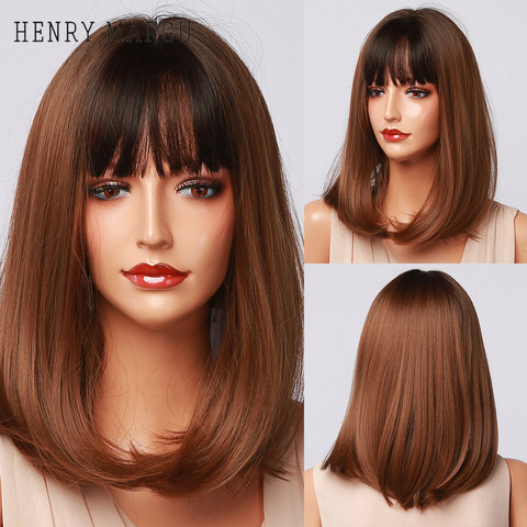 HENRY MARGU-Peluca de cabello sintético liso para mujeres negras, cabellera artificial de corte Bob con flequillo, color marrón, resistente al calor, longitud hasta el hombro, uso diario ► Foto 1/6