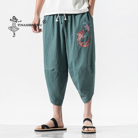 Kimono pantalones casuales sueltos de siete puntos Japón Kimono tradicional estampado pantalones Haori pantalones traje asiático Kimono Yukata hombres ► Foto 1/6