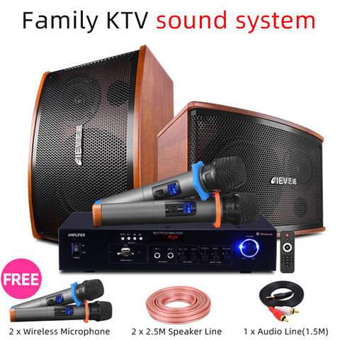 Altavoz estéreo KTV familiar, sistema de amplificador de TV PA con Bluetooth, USB y 2 micrófonos inalámbricos para sala de reuniones y tienda ► Foto 1/5