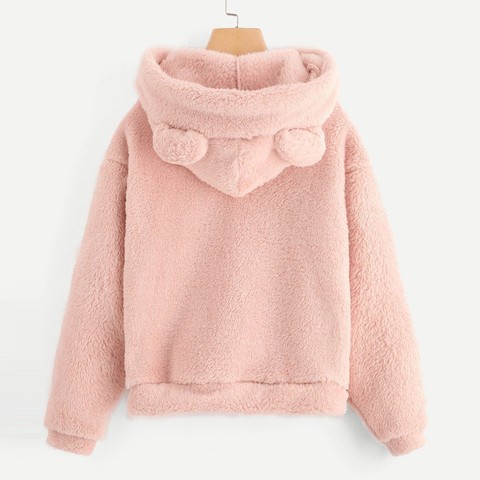 Sudaderas con capucha esponjosas para mujer, sudadera kawaii, gorro de oreja de oso, suéter cálido para otoño e invierno, prendas de vestir de manga larga, abrigo polar moletom ► Foto 1/6