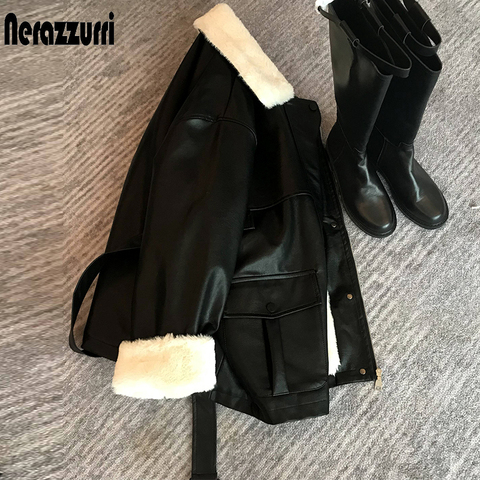 Nerazzurri de invierno de chaqueta de cuero de las mujeres con imitación de piel de conejo rex dentro cálido suave piel engrosada abrigo de manga larga ► Foto 1/6