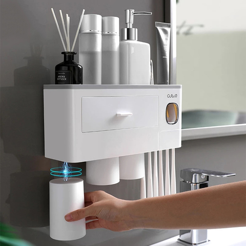 Dispensador automático de pasta de dientes, exprimidor de pasta dental, soporte de pared para almacenamiento, soporte para cepillo de dientes con Set de accesorios de baño de taza ► Foto 1/6