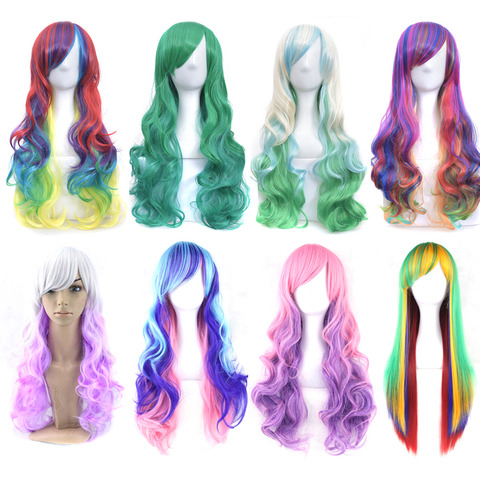 Soowee 70cm rizado largo sintético mujeres pelo Peluca de pelo azul amarillo Rosa fiesta Arco Iris falso Cosplay del pelo pelucas para mujeres ► Foto 1/6