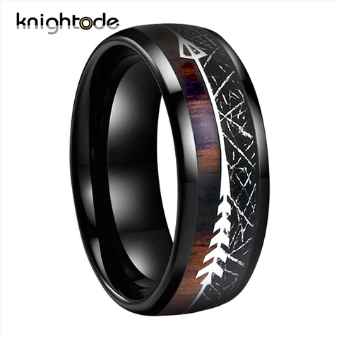 Anillo de carburo de tungsteno negro con incrustaciones de madera de meteorito negro/Koa para hombres y mujeres, de 8mm, boda, cúpula de flecha plateada pulida ► Foto 1/6