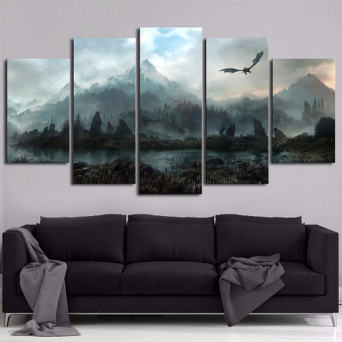 Cuadros de dragón Skyrim para decoración del hogar, imágenes artísticas de pared en lienzo, 5 piezas, Juego de tronos, impresiones modulares para sala de estar ► Foto 1/6