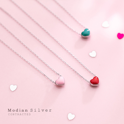 Modian Plata de Ley 925 auténtica rojo rosa esmalte verde Collar con dijes de corazones para las mujeres, declaración de joyería de plata fina, Collar ► Foto 1/5