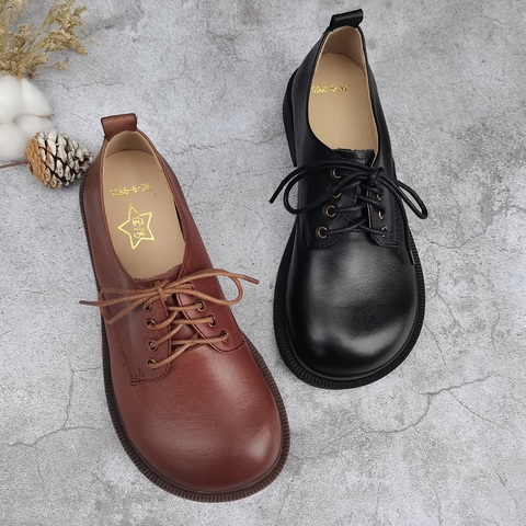 Zapatos planos de piel auténtica Oxford para mujer, calzado de plataforma con cordones de punta redonda, para primavera y otoño ► Foto 1/6