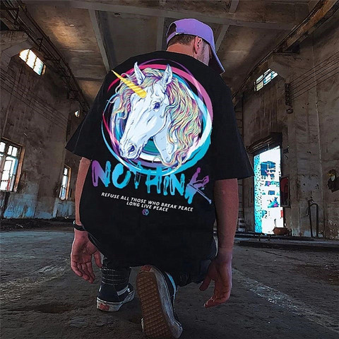 Camiseta de unicornio para hombre, camiseta Harajuku divertida, ropa de calle, moda japonesa Hip-Hop, camisetas góticas de media manga para hombre ► Foto 1/6