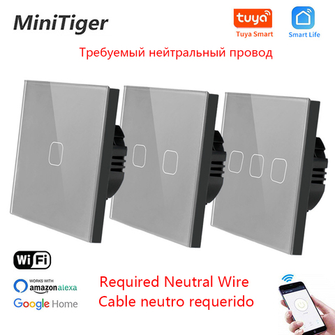 Minitiger-Interruptor táctil de pared Tuya, accesorio estándar 1/2/3 de la UE, para vida inteligente, con WiFi y con luz neutra, inalámbrico ► Foto 1/6