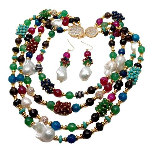 Keshi-Conjunto de 4 hebras de ágatas, perlas blancas, Jades, turquesas, Cz, collar, pendientes ► Foto 1/6