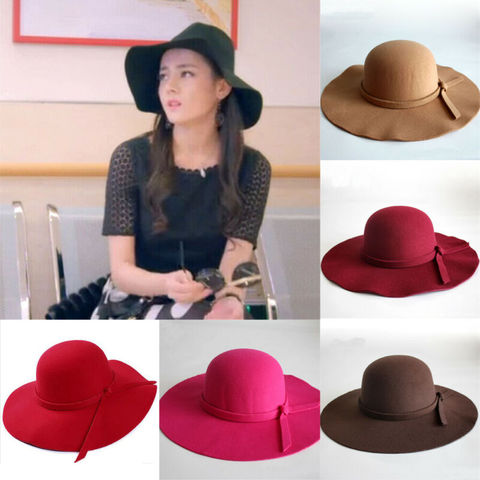 Gorro ancho de fieltro de lana con visera grande para verano, sombrero de sol de playa para mujer y Chica, sombrero de playa flexible plegable en negro y rojo Camel ► Foto 1/5