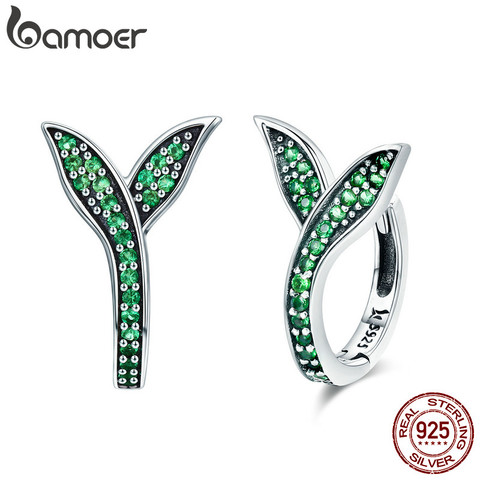 Pendientes de aro BAMOER 100% Plata de Ley 925 colección de primavera con brotes de flores verde CZ para mujer, joyería de plata de ley SCE295 ► Foto 1/6