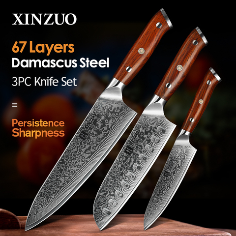 XINZUO-Set de cuchillos profesionales, juego de 3uds. de naja para cocina, acero de damasco japonés forjado, Chef Santoku, mango palo de rosa en material inoxidable ► Foto 1/6