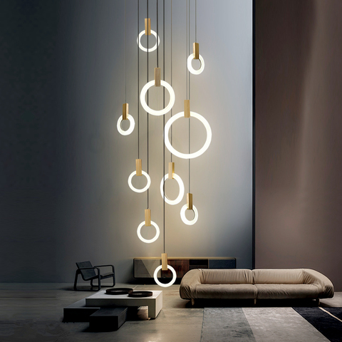 Lámpara de araña LED moderna para sala de estar, iluminación de madera, accesorios de anillo acrílico, luces colgantes para decoración de escaleras y comedor ► Foto 1/6