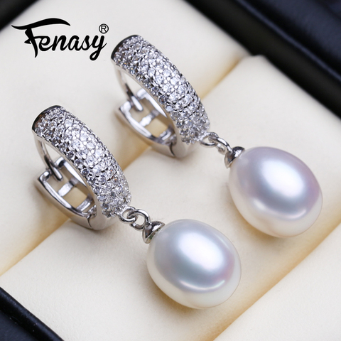 FENASY-pendientes colgantes de plata fina 925 para mujer, pendientes de perlas naturales de agua dulce para mujer, hechos a mano, joyería de boda para fiesta ► Foto 1/6