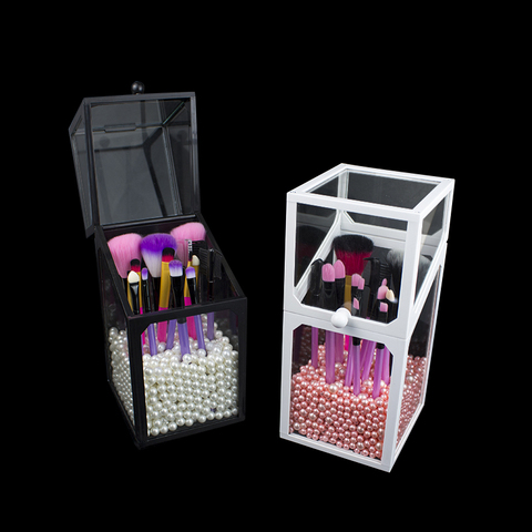 Organizador de brochas de maquillaje, caja de almacenamiento pincel cosmético de vidrio ABS transparente con tapa, color blanco y negro, novedad ► Foto 1/6