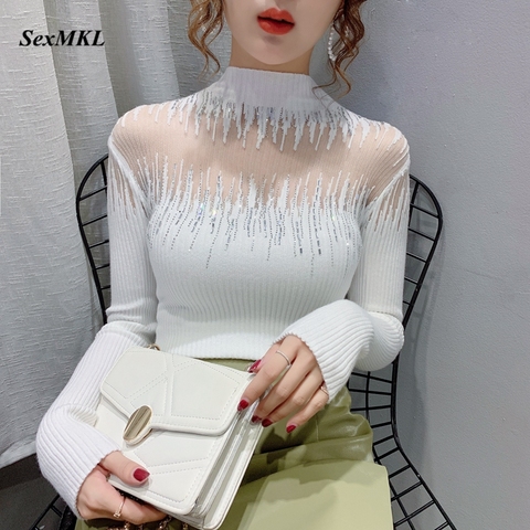 Suéteres elegantes de manga larga para mujer, jerséis de punto mujeres, moda informal, ropa coreana, suéter blanco, 2022 ► Foto 1/6