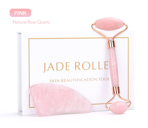 Cuarzo Rosa de adelgazamiento masajeador herramienta de elevación de piedra Natural masaje Facial Jade rodillo piel masaje belleza conjunto de caja ► Foto 1/6