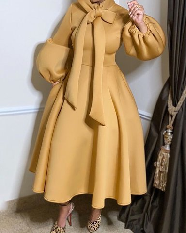 Vestido Midi de cintura alta con mangas largas de linterna para mujer, vestido de corte A con cuello de pajarita, túnicas femeninas para celebraciones y eventos ► Foto 1/6