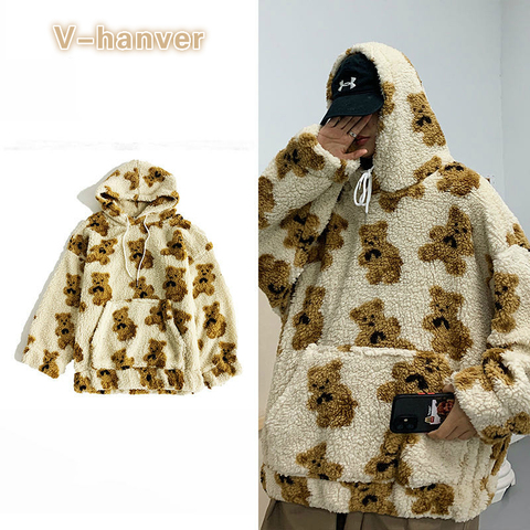 V-hanver-Sudadera con capucha para mujer, suéter con patrón de oso, de felpa cálida, Estilo Vintage coreano, holgado, para invierno, 2022 ► Foto 1/6