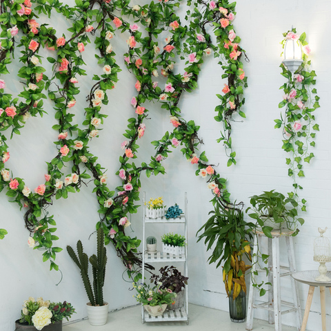 235cm rosas de seda Flor de hiedra vid flores artificiales guirnalda verde para la decoración del jardín de la boda del hogar colgante decoración de la pared de ratán ► Foto 1/6