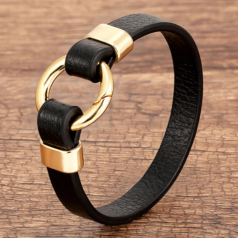 Pulsera de cuerda de Metal dorado para hombre y mujer, joyería de cuero genuino a la moda, cierre redondo de primavera, Cuero Simple ► Foto 1/6