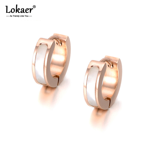 Lokaer-pendientes redondos de acero inoxidable con carcasa negra/blanca, Color oro rosa, joyería, regalo para mujer y niña, E18038 ► Foto 1/6