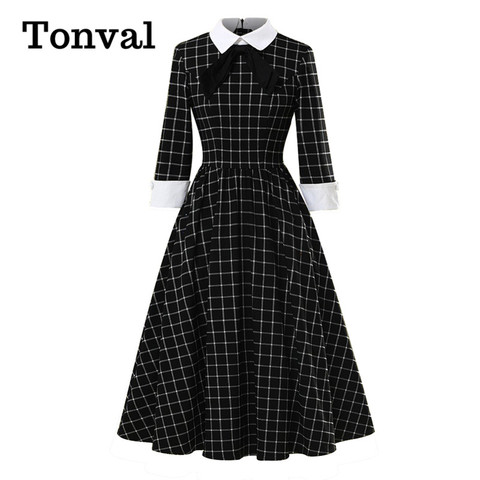 Tonval-Vestidos Midi de algodón Vintage para mujer, vestidos a cuadros blancos y negros con cuello de nudo para fiesta elegante, manga larga 3/4 ► Foto 1/6