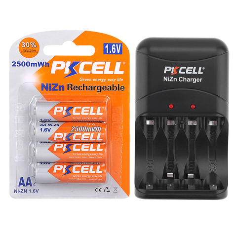 4 piezas PKCELL AA baterías 1,6 V NIZN batería recargable aa 2250mWh a 2500mWh embalado con Ni-Zn de la batería cargador enchufe UE/EE. UU. ► Foto 1/5