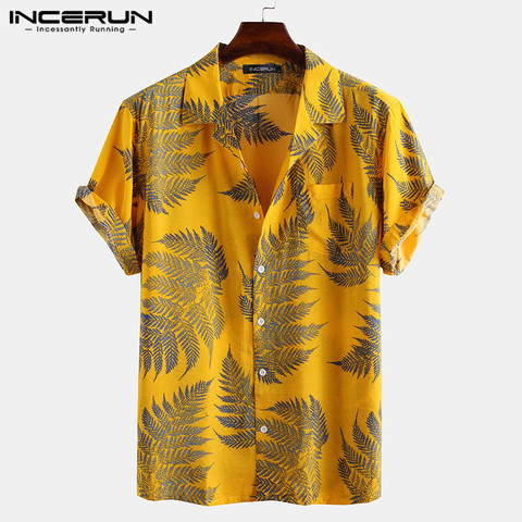 INCERUN-Camisa estampada tropical para hombres, camiseta de manga corta, lapel, patrón de hoja floral, informal, hawaiana, de verano, vacaciones, tops, S-5XL ► Foto 1/6